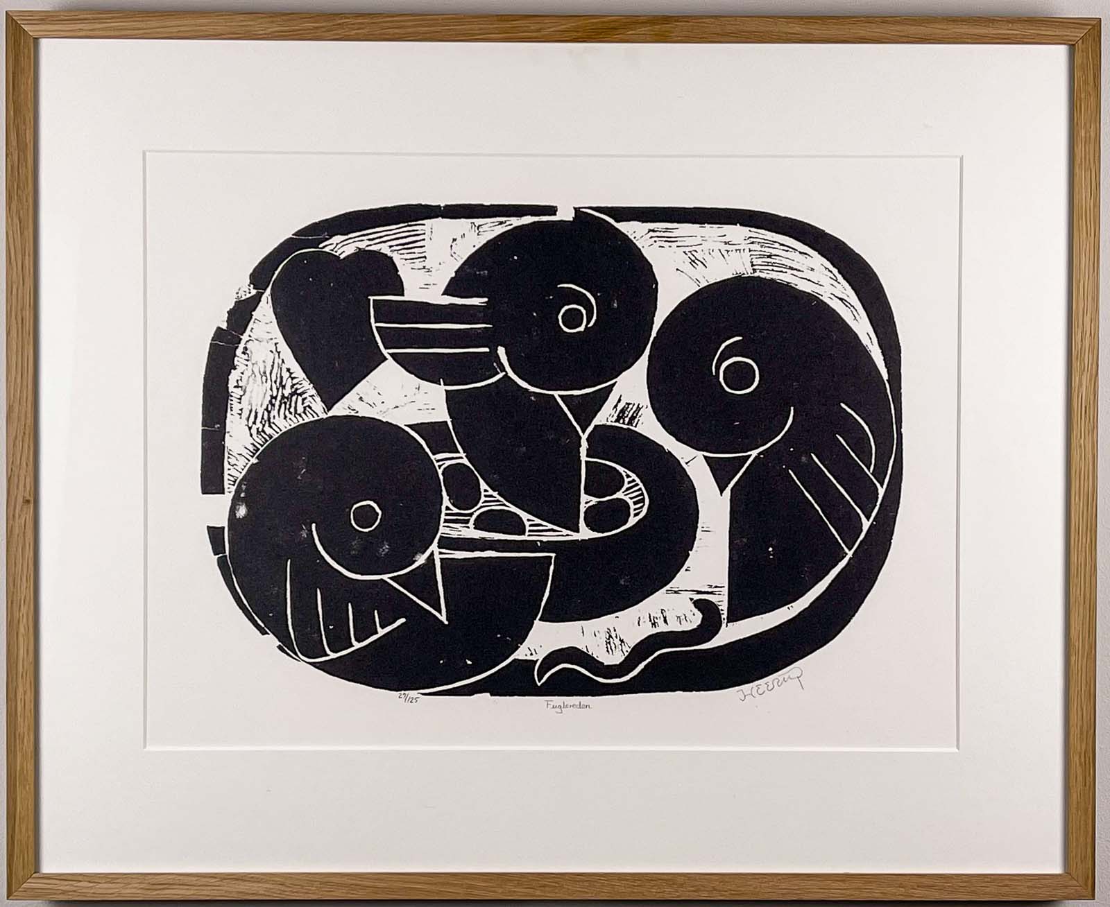 Henry Heerup – "Bird's Nest", 1950 - Linocut on paper, framed, museumglass