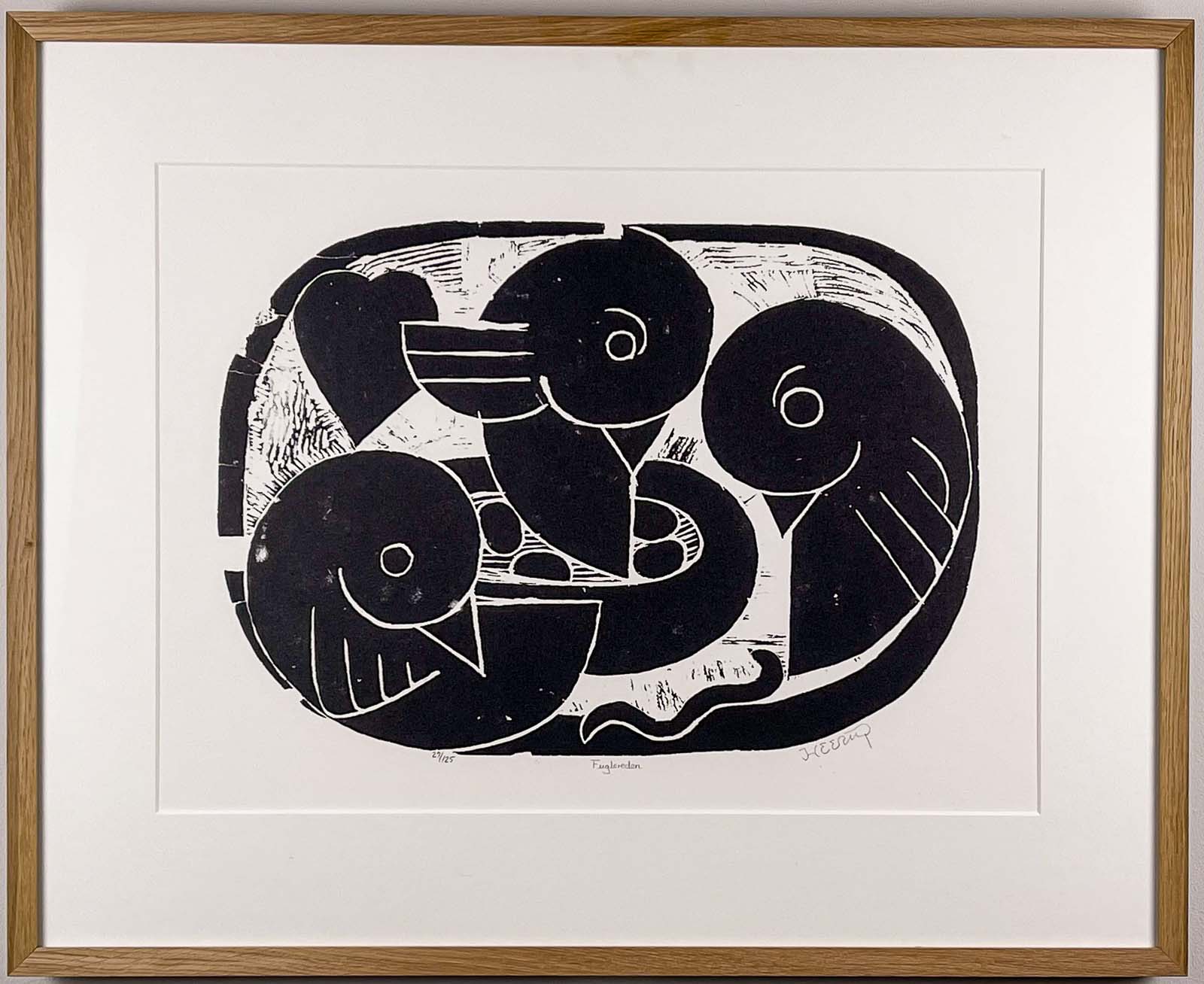 Henry Heerup Birdsnest Van Kerkhoff Art Consultancy-1 Henry Heerup – "Bird's Nest", 1950 - Linocut on paper, framed, museumglass
